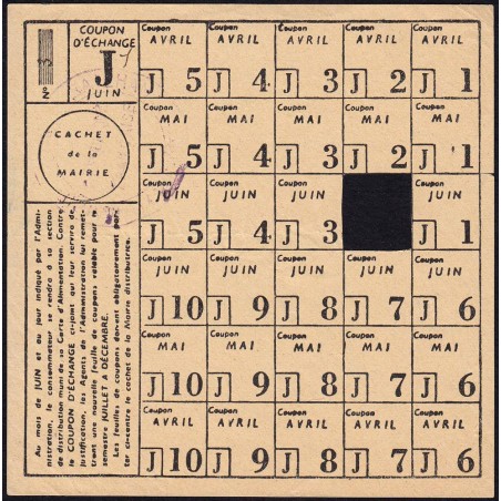 Rationnement - Feuille coupons - Catégorie J - 04/1919 à 06/1919 - Etat : SUP
