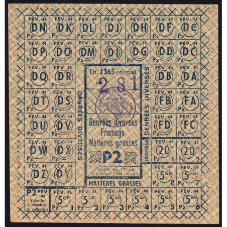 1944 - Titre 1365 - Fromage Mat. grasses - Catégorie P2 - Février - Grand-Laviers (80) - Etat : SUP+