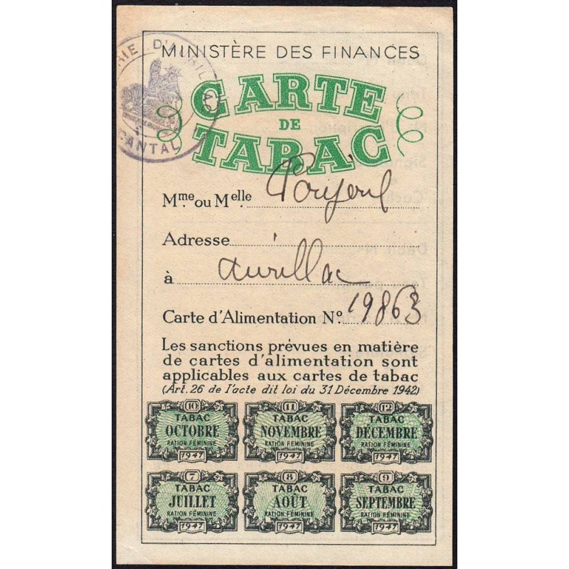Carte de Tabac - 07/1947 à 12/1947 - Aurillac (15) - Etat : SUP