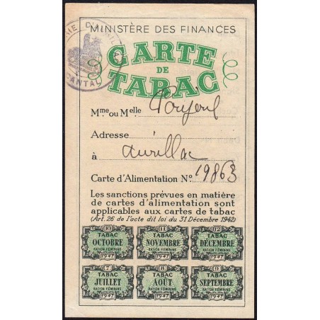 Carte de Tabac - 07/1947 à 12/1947 - Aurillac (15) - Etat : SUP