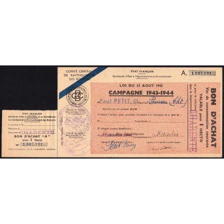 Charente - Vin de consommation courante - 1 hecto - 1943-1944 - Etat : SUP
