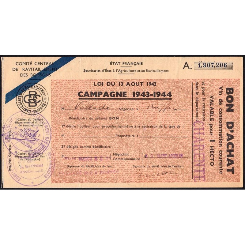 Charente - Vin de consommation courante - 1 hecto - 1943-1944 - Etat : TTB
