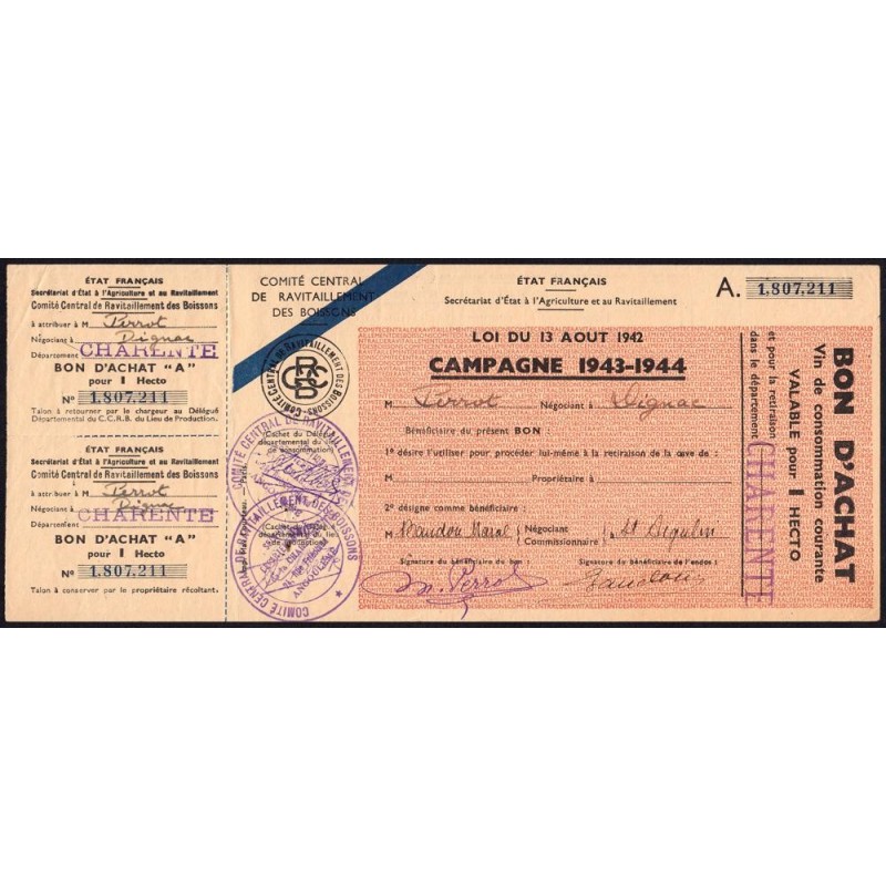 Charente - Vin de consommation courante - 1 hecto - 1943-1944 - Etat : TTB+