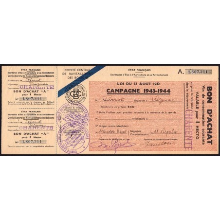 Charente - Vin de consommation courante - 1 hecto - 1943-1944 - Etat : TTB+