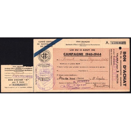 Charente - Vin de consommation courante - 3 hectos - 1943-1944 - Etat : TTB