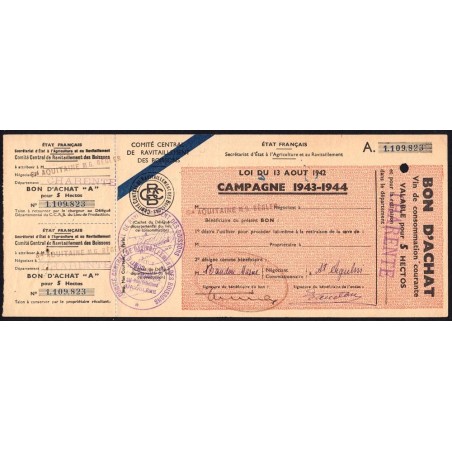 Charente - Vin de consommation courante - 5 hectos - 1943-1944 - Etat : TTB