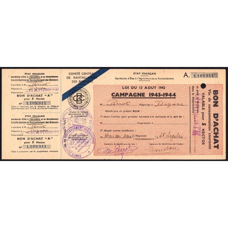 Charente - Vin de consommation courante - 5 hectos - 1943-1944 - Etat : TTB