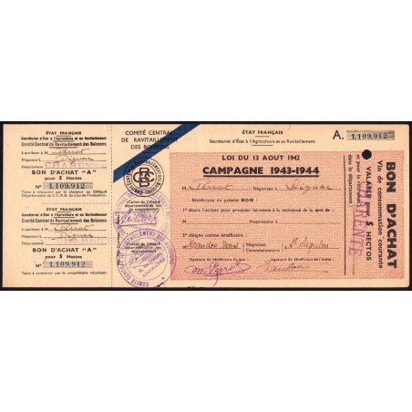 Charente - Vin de consommation courante - 5 hectos - 1943-1944 - Etat : TTB+