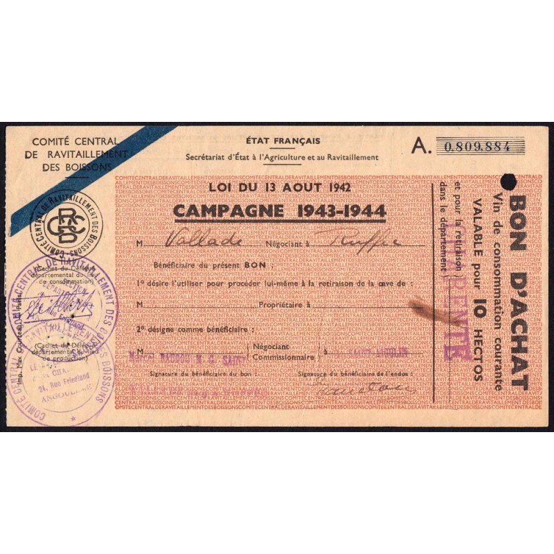 Charente - Vin de consommation courante - 10 hectos - 1943-1944 - Etat : TTB