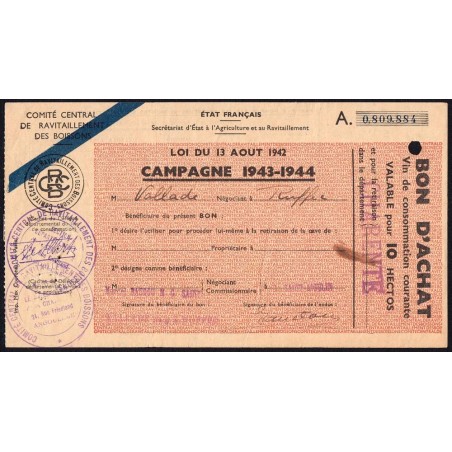 Charente - Vin de consommation courante - 10 hectos - 1943-1944 - Etat : TTB