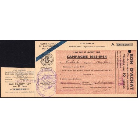 Charente - Vin de consommation courante - 10 hectos - 1943-1944 - Etat : TTB+