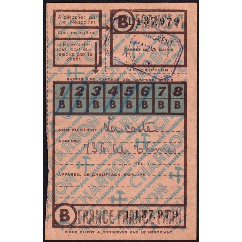 Chauffage - Charbon - Fiche client - Catégorie B - 1947 - Albi (81) - Etat : SUP+