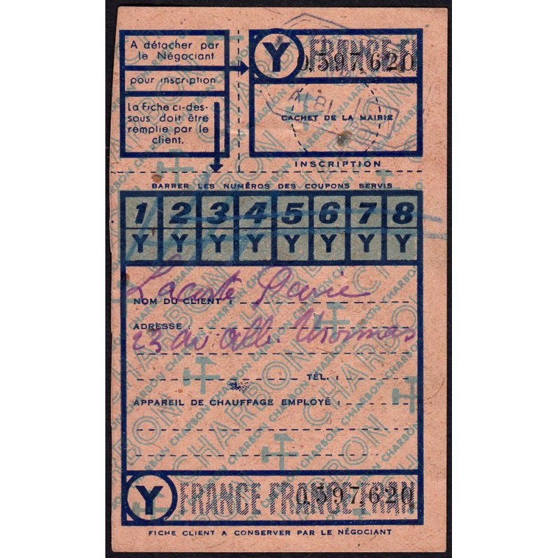 Chauffage - Charbon - Fiche client - Catégorie Y - 1947 - Albi (81) - Etat : SUP+