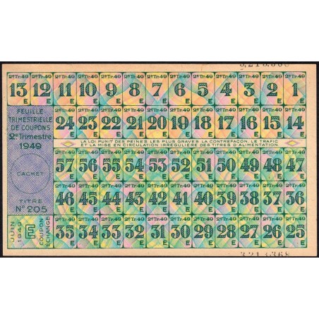 1949 - Titre 205 - Feuille trim. de coupons - 2e trimestre - Catégorie E - Etat : pr.NEUF