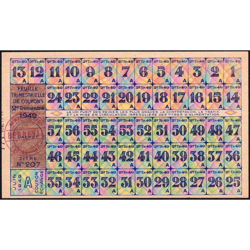 1949 - Titre 207 - Feuille trim. de coupons - 2e trimestre - Catégorie A - Berneval (76) - Etat : pr.NEUF