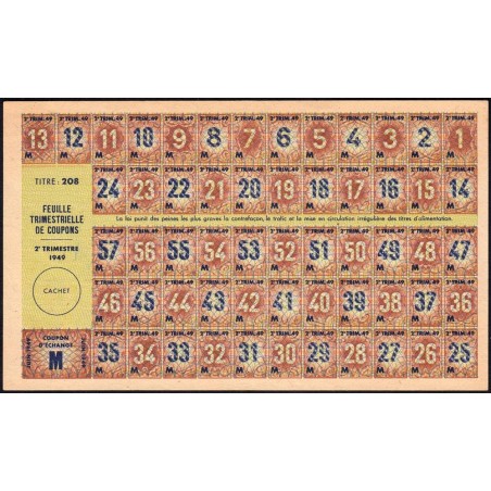 1949 - Titre 208 - Feuille trim. de coupons - 2e trimestre - Catégorie M - Etat : pr.NEUF