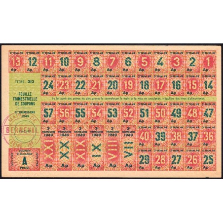 1949 - Titre 212 - Feuille trim. de coupons - 2e trim. - Catégorie A prod - Berneval (76) - Etat : pr.NEUF