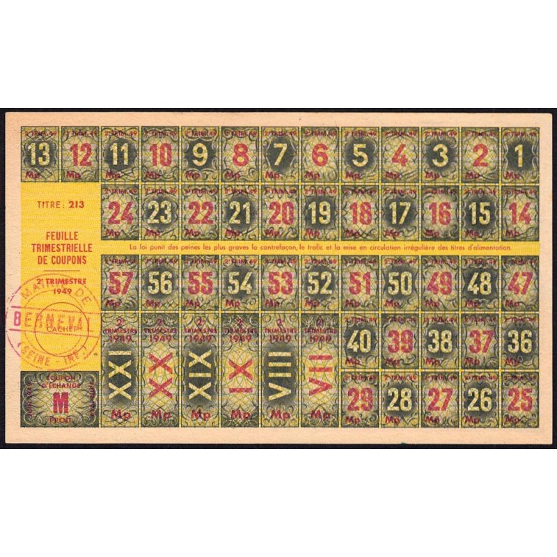 1949 - Titre 213 - Feuille trim. de coupons - 2e trim. - Catégorie M prod - Berneval (76) - Etat : pr.NEUF
