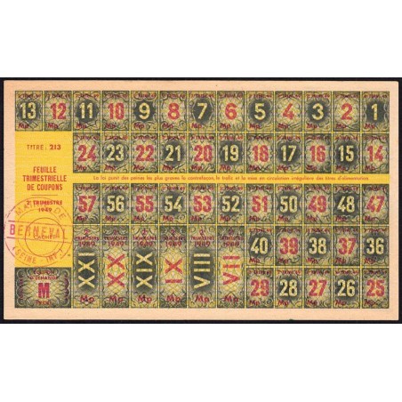 1949 - Titre 213 - Feuille trim. de coupons - 2e trim. - Catégorie M prod - Berneval (76) - Etat : pr.NEUF