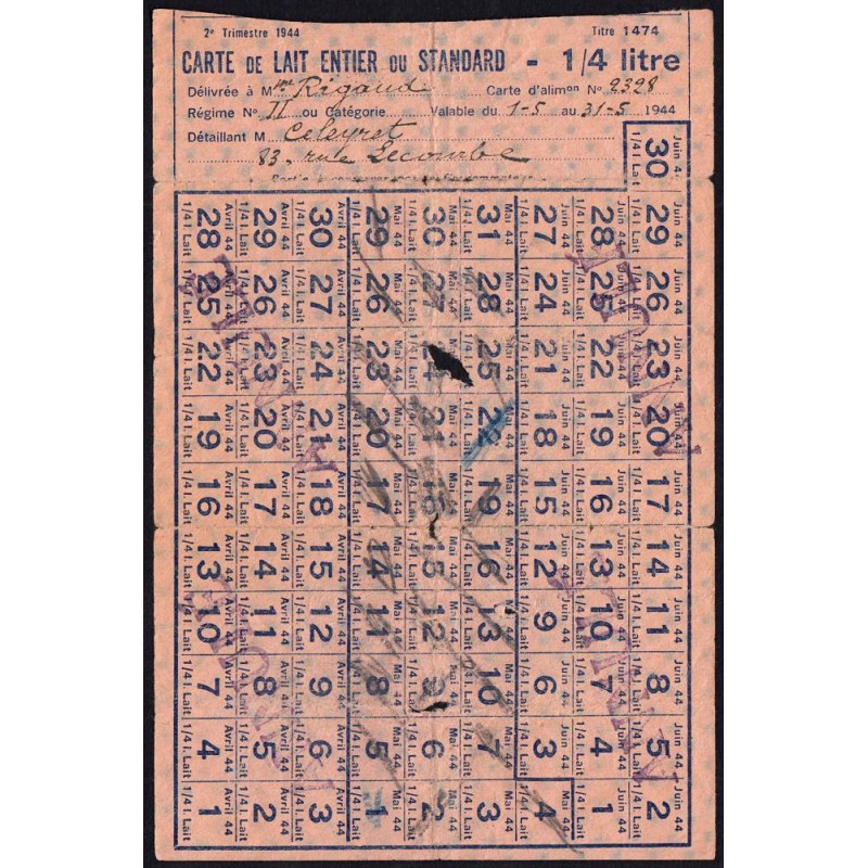 1944 - Titre 1474 - Lait entier ou standard - 2e trimestre - Etat : B