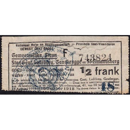 Belgique - Gand - GE181 - 1/2 frank - Emission 18 - Série F - 15/08/1918 - Etat : TB-