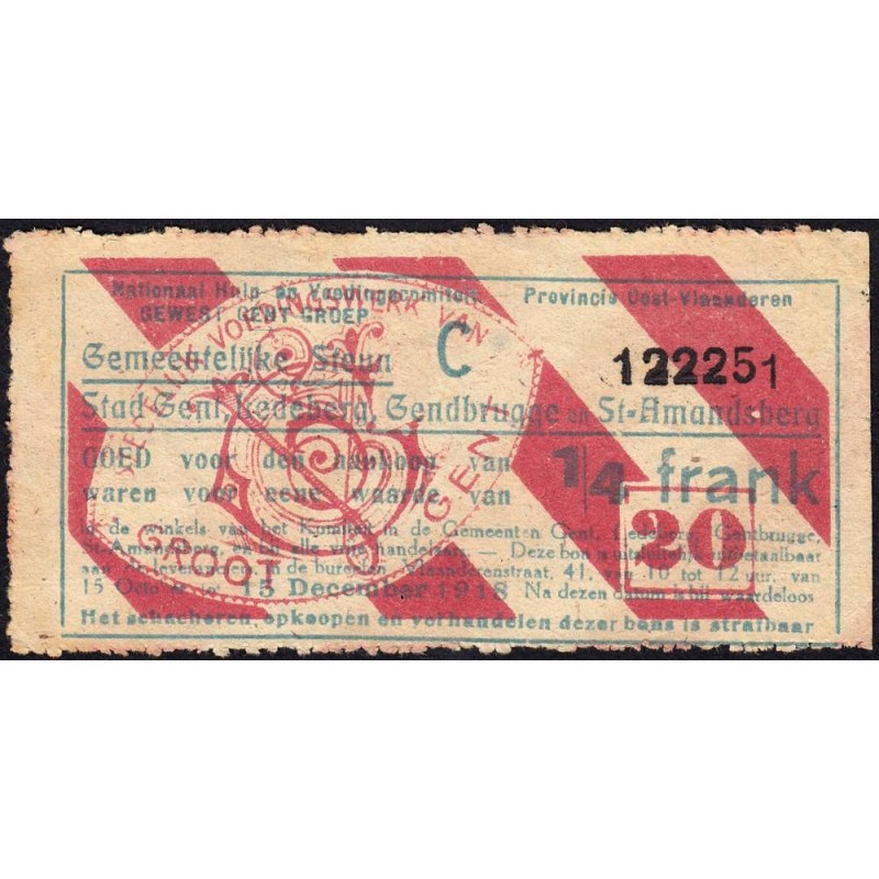 Belgique - Gand - GE182 - 1/4 frank - Emission 19 - Série C - 15/09/1918 - Etat : TTB