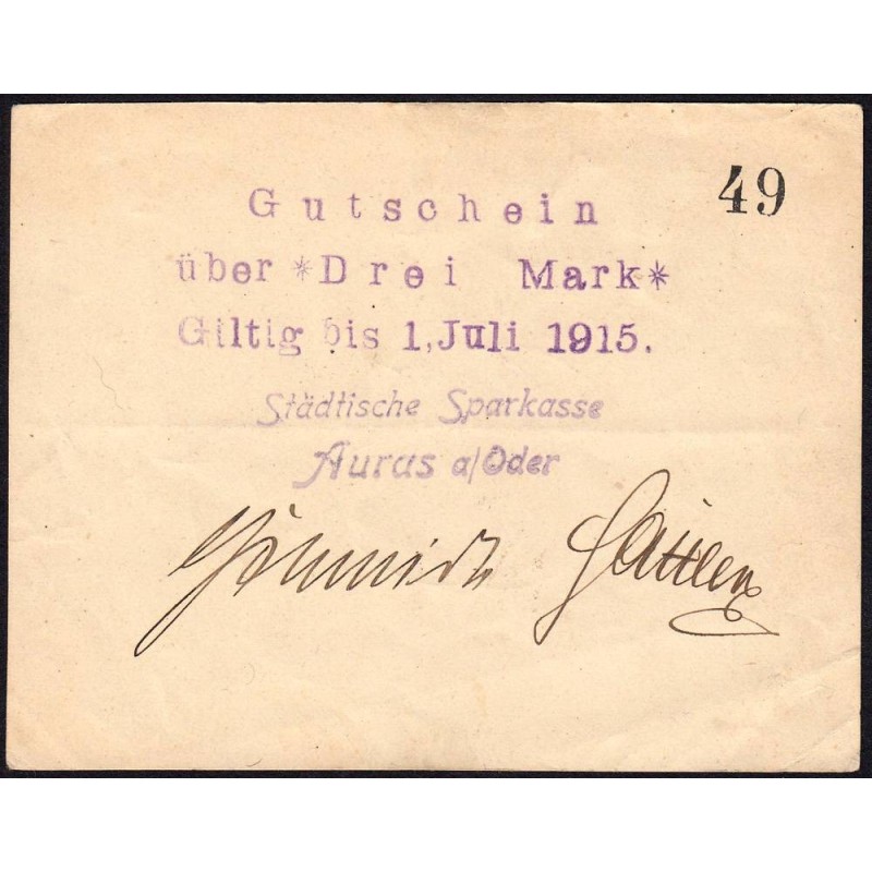 Pologne - Notgeld - Auras a/Oder (Uraz) - 3 mark - 1915 - Etat : TTB+