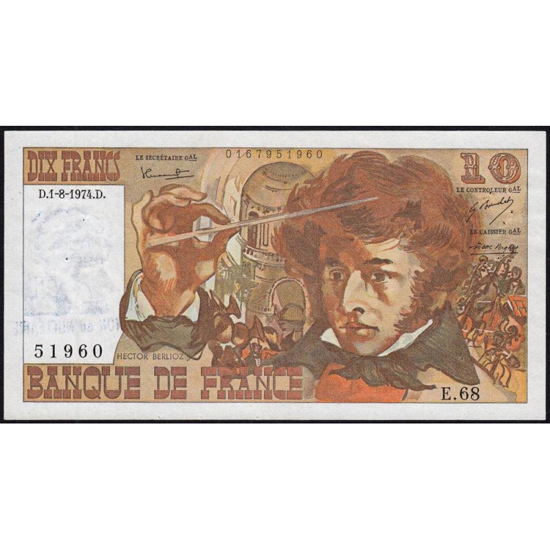 F 63-06 - 01/08/1974 - 10 francs - Berlioz - Série E.68 - Variété - Etat : TTB+