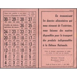 1940 - Feuille de tickets de ration de 25 gr. de sucre - Juin - Etat : TB+