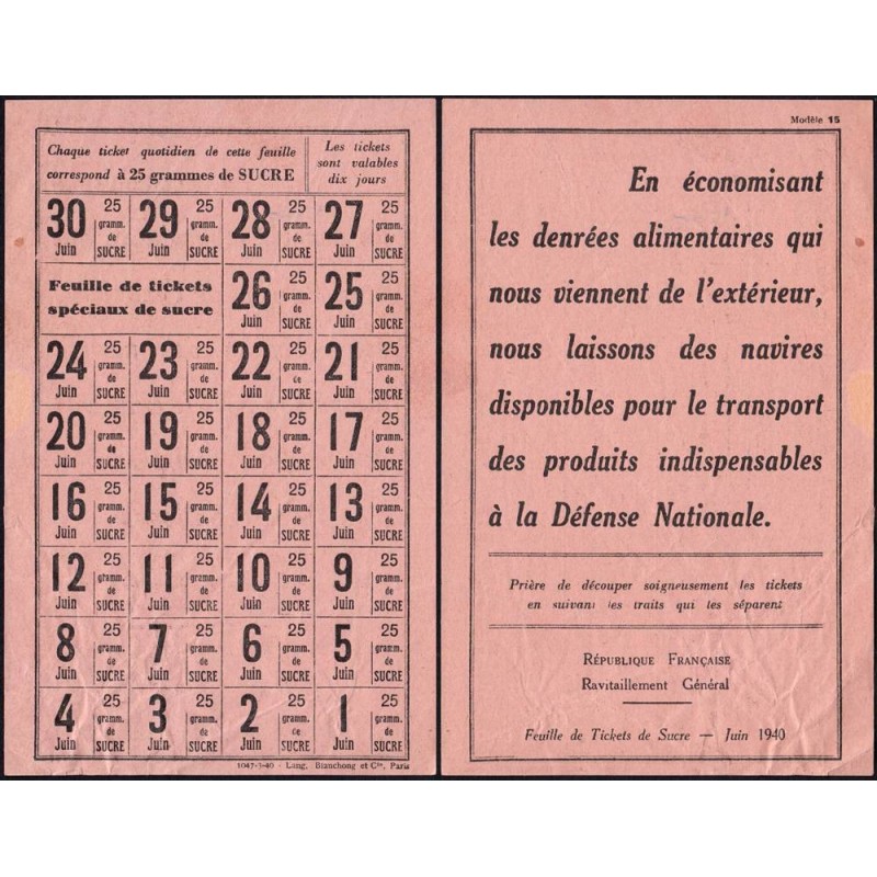 1940 - Feuille de tickets de ration de 25 gr. de sucre - Juin - Etat : TB+
