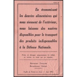 1940 - Feuille de tickets de ration de 25 gr. de sucre - Juin - Etat : TB+