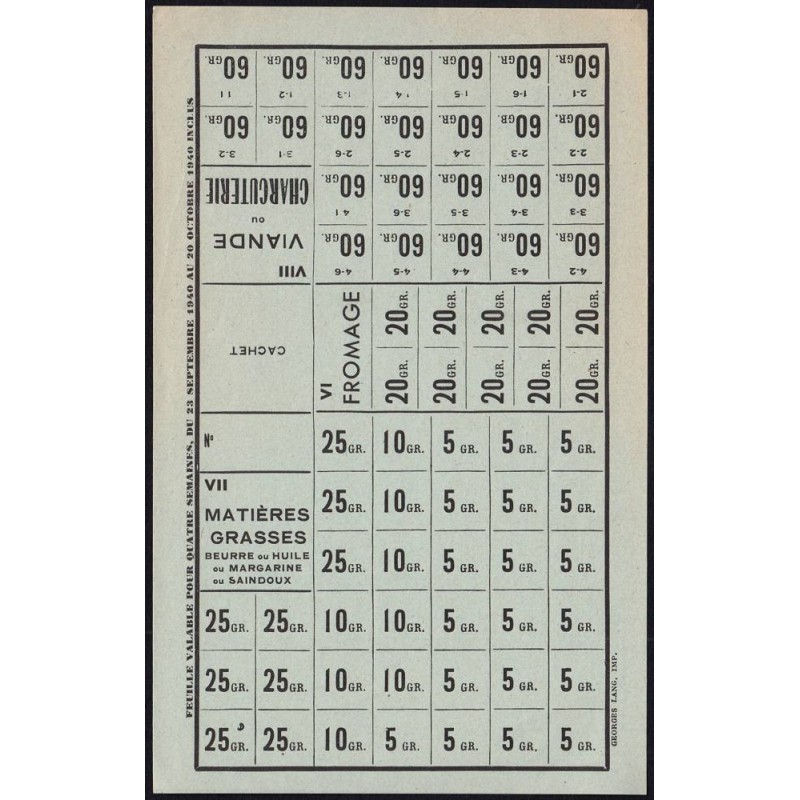 1940 - Feuille de tickets de matières grasses et viande - 23/09 au 20/10/1940 - Etat : SUP