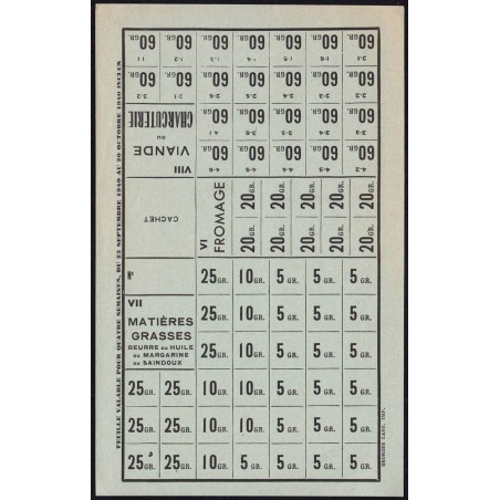 1940 - Feuille de tickets de matières grasses et viande - 23/09 au 20/10/1940 - Etat : SUP