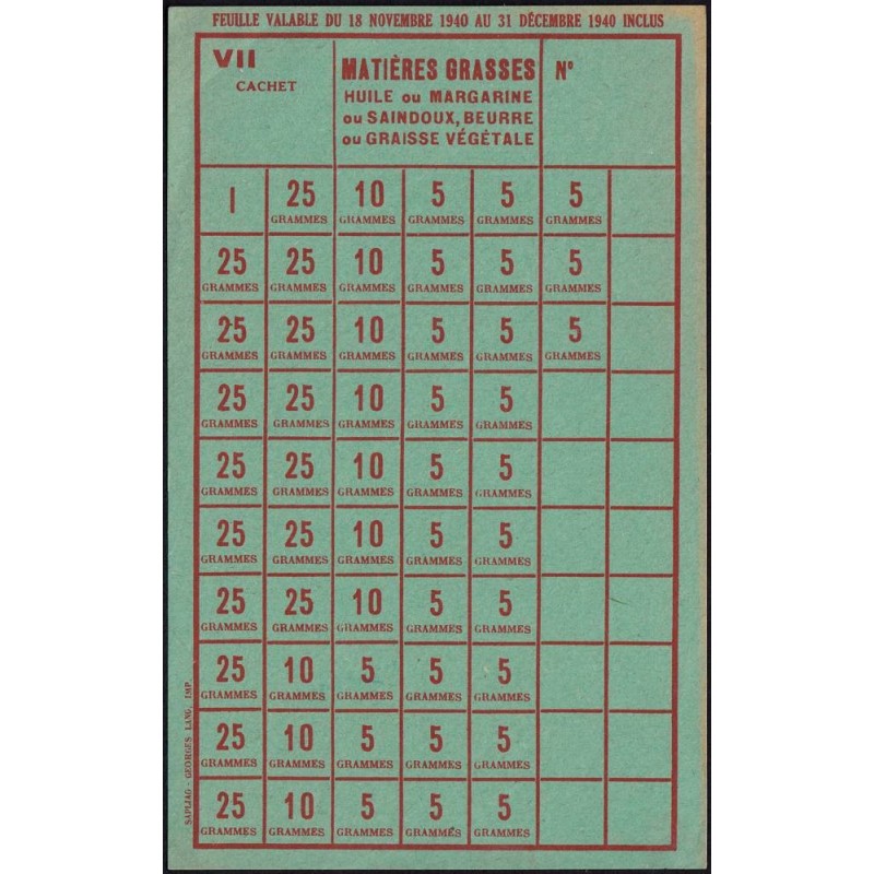 1940 - Feuille de tickets de matières grasses - 18/11 au 31/12/1940 - Etat : SUP