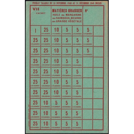 1940 - Feuille de tickets de matières grasses - 18/11 au 31/12/1940 - Etat : SUP