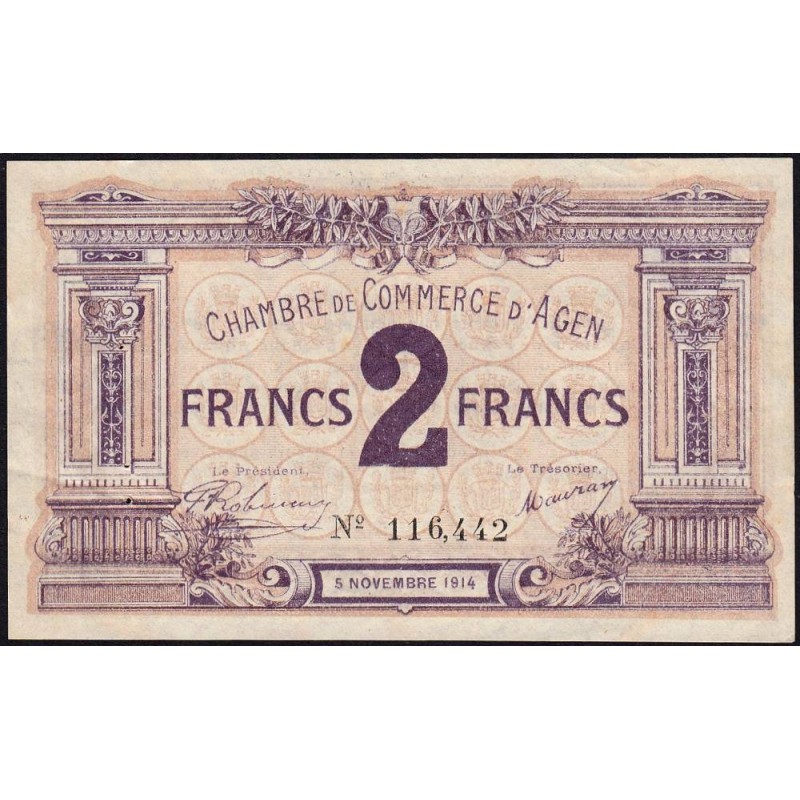 Agen - Pirot 2-5b variété - 2 francs - 05/11/1914 - Etat : TTB+
