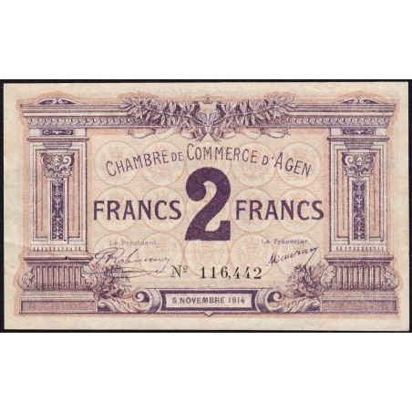 Agen - Pirot 2-5b variété - 2 francs - 05/11/1914 - Etat : TTB+