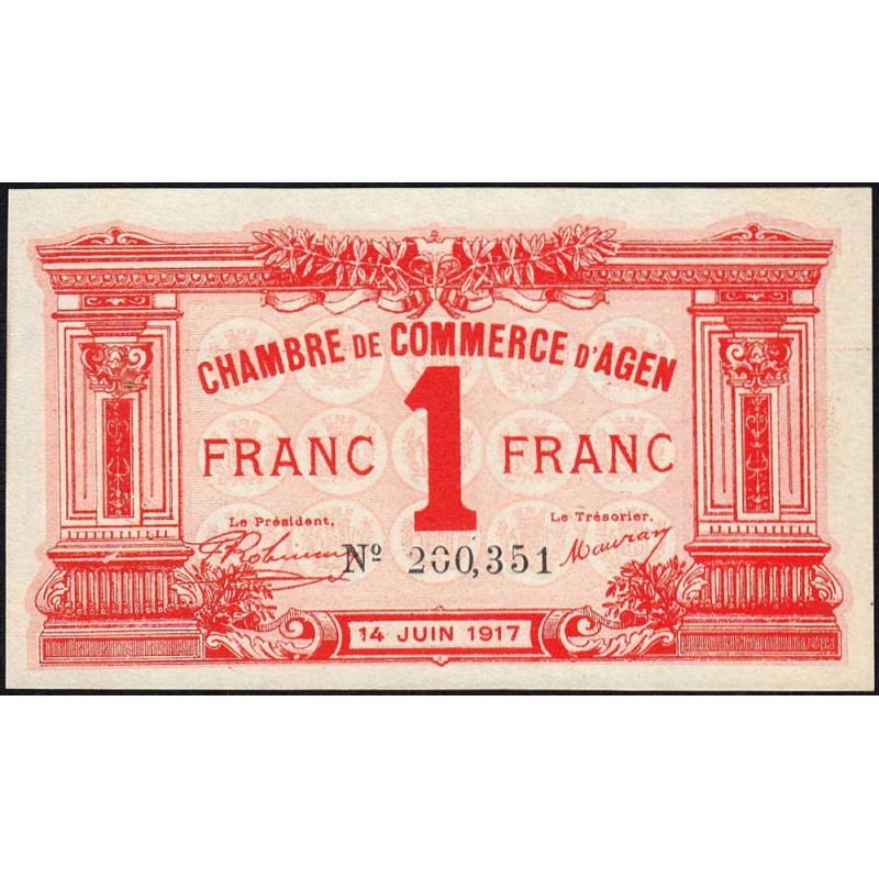 Agen - Pirot 2-9 - 1 franc - 14/06/1917 - Etat : SPL