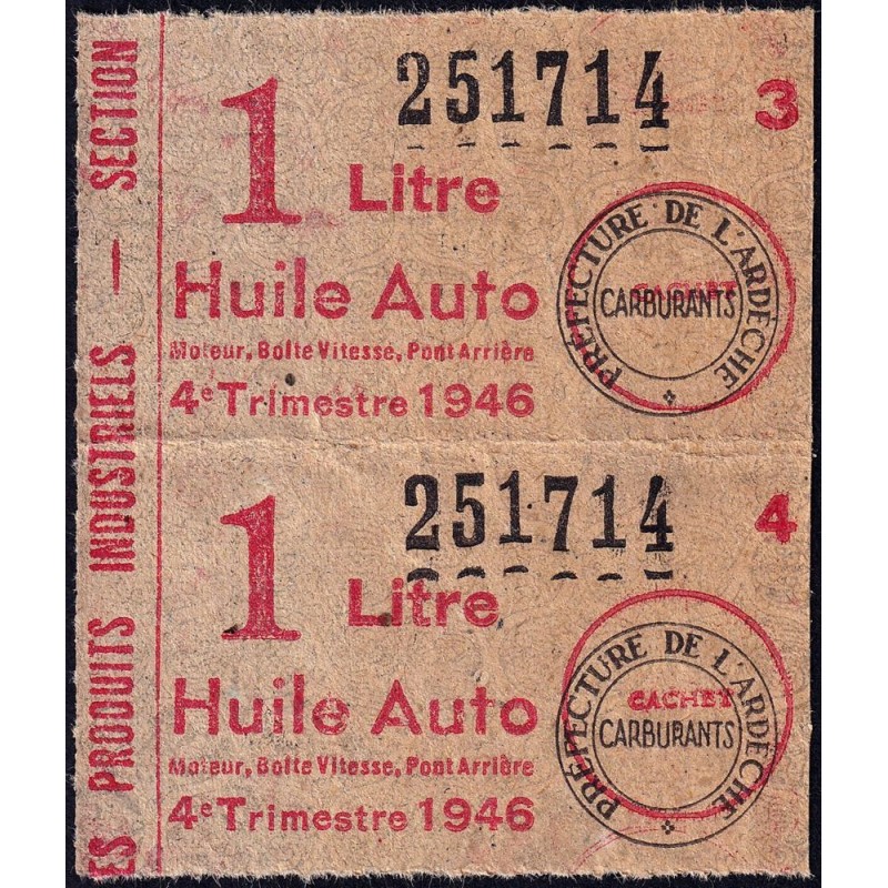 1 litre Huile Auto - 4e trimestre 1946 - Bloc de 2 - Ardèche - Etat : TTB