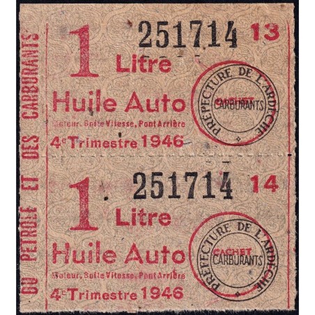 1 litre Huile Auto - 4e trimestre 1946 - Bloc de 2 - Ardèche - Etat : SUP