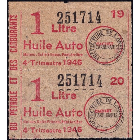 1 litre Huile Auto - 4e trimestre 1946 - Bloc de 2 - Ardèche - Etat : TTB