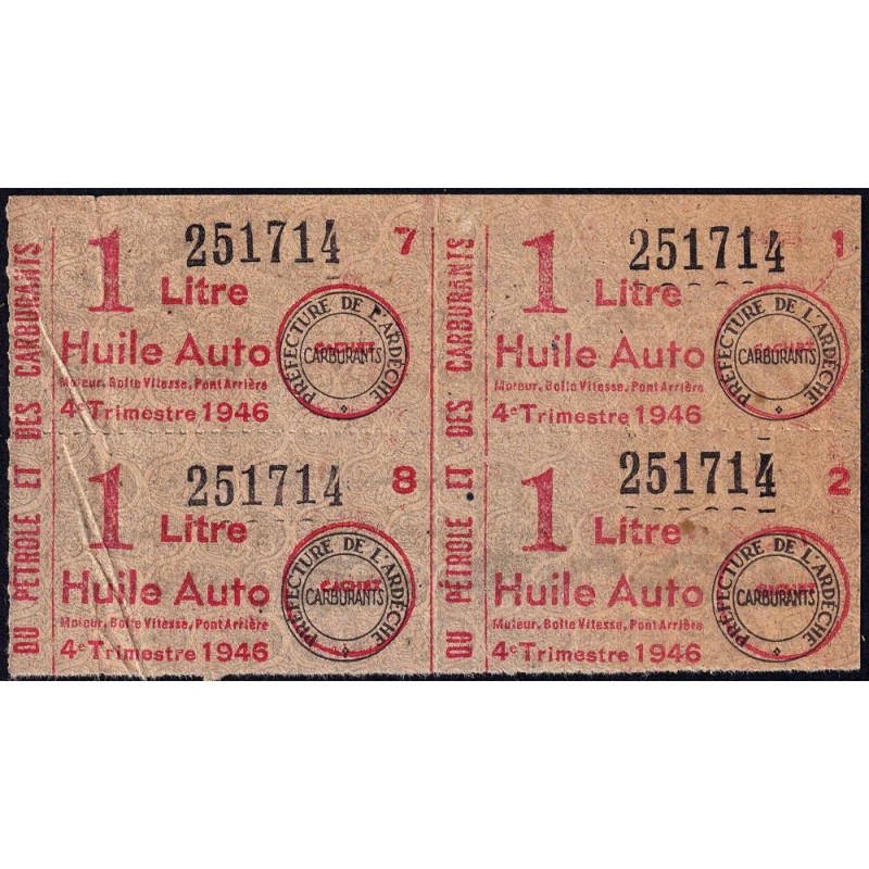 1 litre Huile Auto - 4e trimestre 1946 - Bloc de 4 - Ardèche - Etat : TB+
