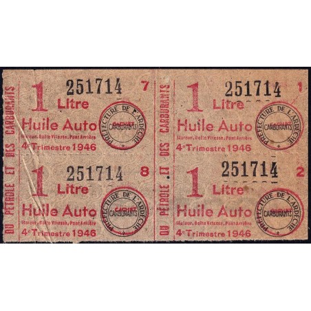 1 litre Huile Auto - 4e trimestre 1946 - Bloc de 4 - Ardèche - Etat : TB+