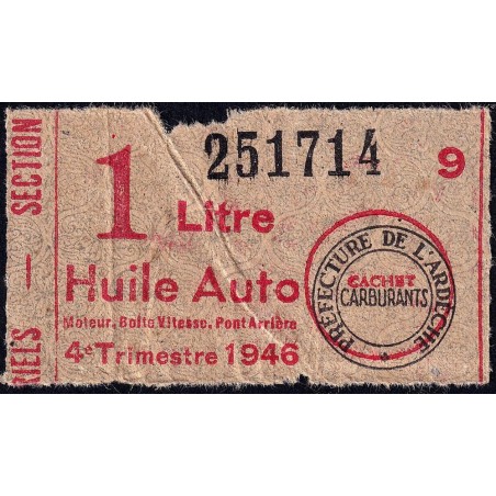 1 litre Huile Auto - 4e trimestre 1946 - Ardèche - Etat : TB-