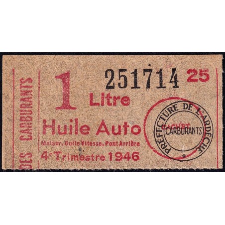 1 litre Huile Auto - 4e trimestre 1946 - Ardèche - Etat : TTB+
