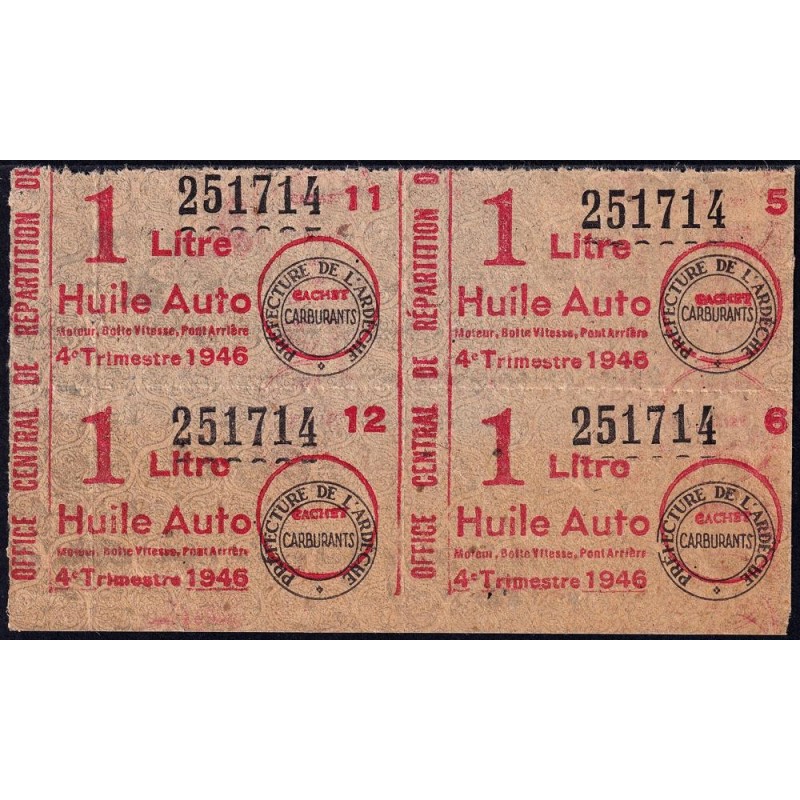 1 litre Huile Auto - 4e trimestre 1946 - Bloc de 4 - Ardèche - Etat : TB