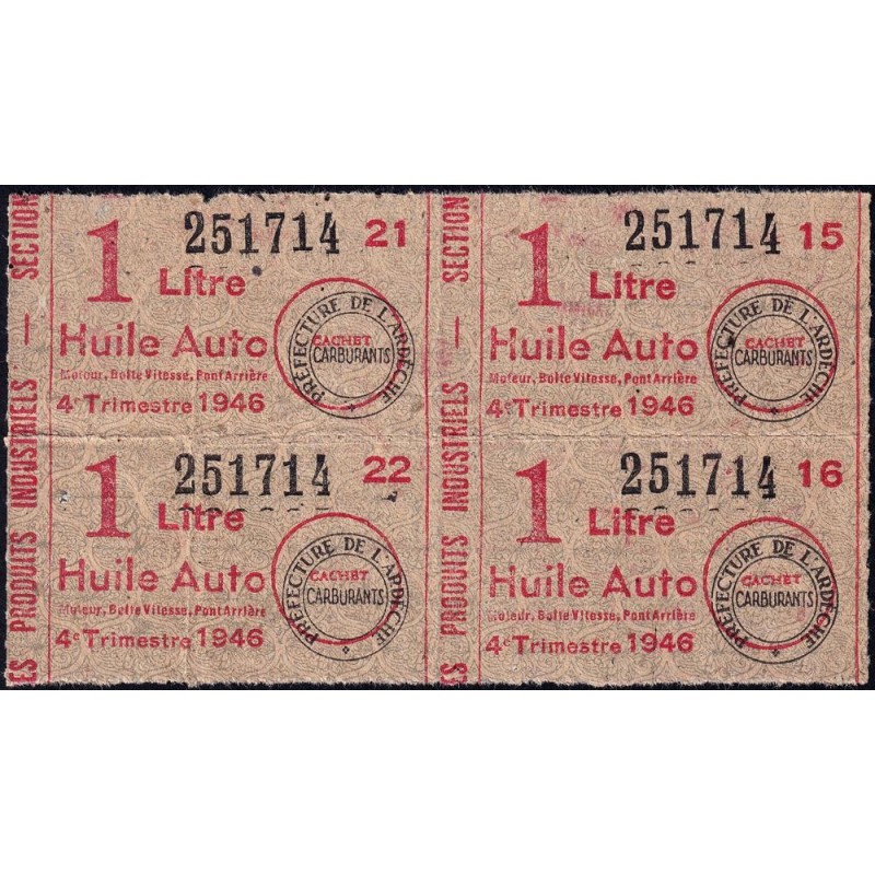 1 litre Huile Auto - 4e trimestre 1946 - Bloc de 4 - Ardèche - Etat : TTB