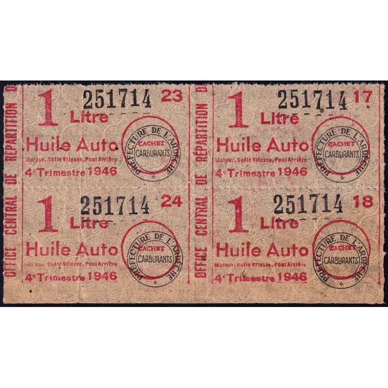 1 litre Huile Auto - 4e trimestre 1946 - Bloc de 4 - Ardèche - Etat : TTB+