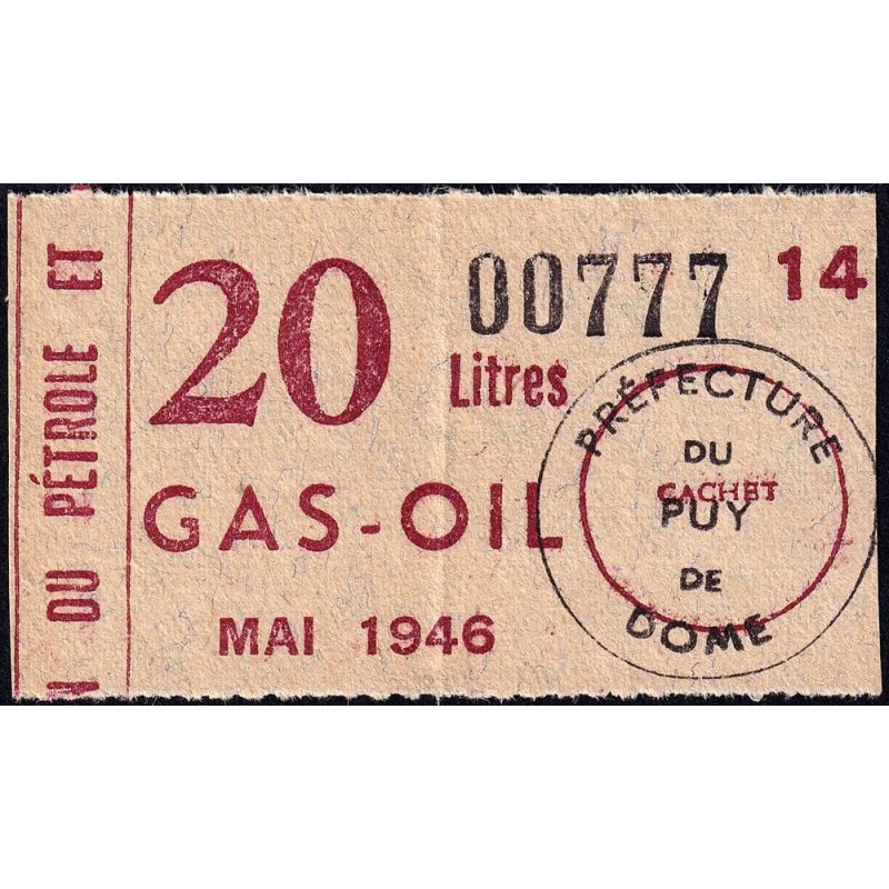 20 litre Gas-Oil - Mai 1946 - Puy-de-Dôme - Etat : TTB+