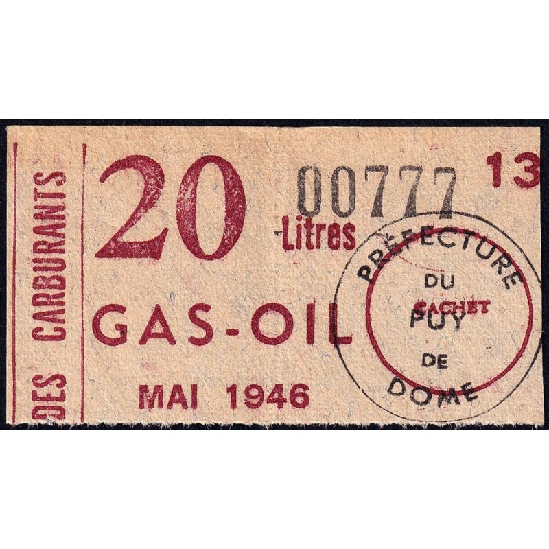 20 litre Gas-Oil - Mai 1946 - Puy-de-Dôme - Etat : TTB+
